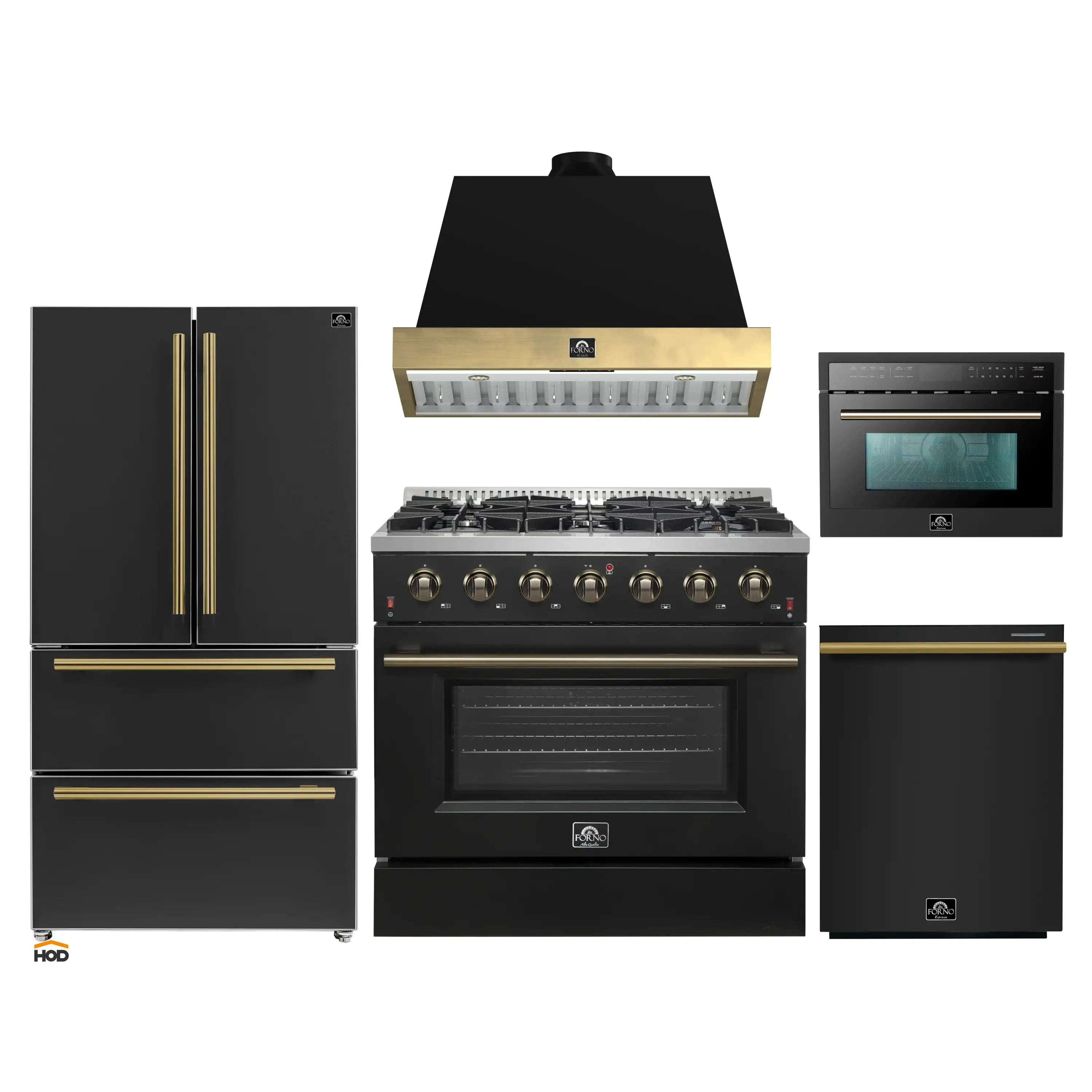 Black kitchen appliance package with antique brass accents, including range, fridge, and microwave