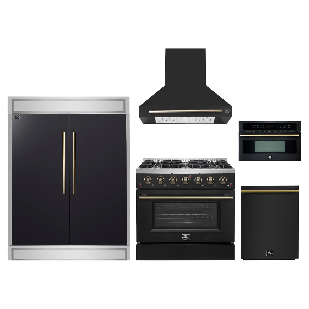 Forno 5-Piece Appliance Package - 36-Inch Gas Range, Wall Mount Range Hood, 60-Inch Convertible Refrigerator with Modern Trim, Dishwasher, and 30-Inch Microwave Oven in Black with Antique Brass Trim