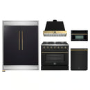 Forno 5-Piece Appliance Package - 36-Inch Gas Range, Wall Mount Range Hood, 60-Inch Convertible Refrigerator with Modern Trim, Dishwasher, and 30-Inch Microwave Oven in Black with Antique Brass Handle