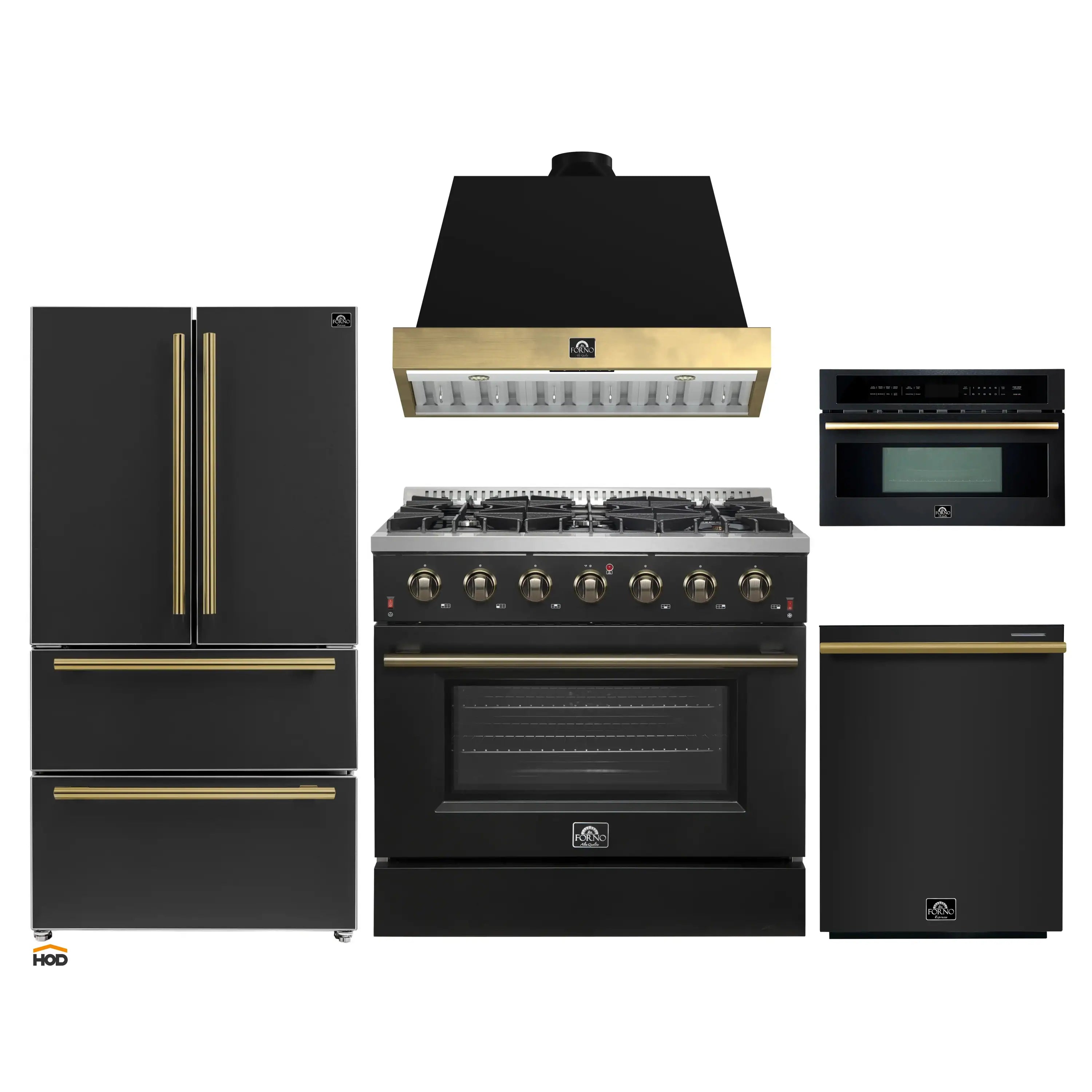 Black 5-piece appliance set with antique brass trim: range, hood, refrigerator, microwave
