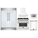 Forno 5-Piece Appliance Package - 36-Inch Gas Range, Wall Mount Range Hood, 60-Inch Refrigerator, Dishwasher, and 24-Inch Microwave Drawer in White with Antique Brass Handle