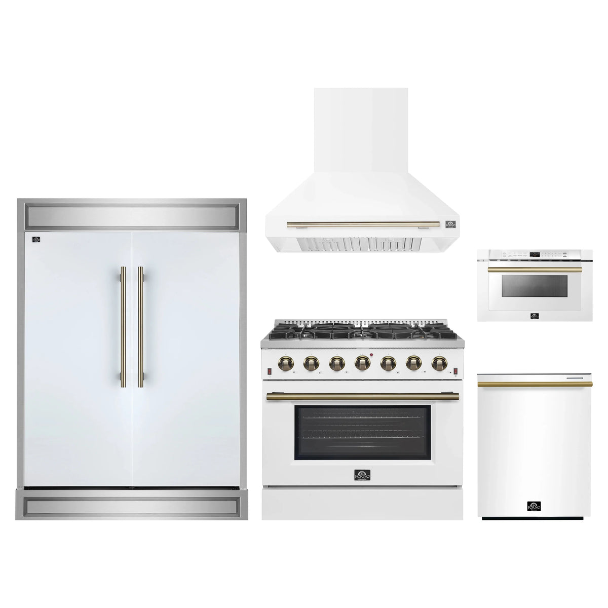 Forno 5-Piece Appliance Package - 36-Inch Gas Range, Wall Mount Range Hood, 60-Inch Refrigerator, Dishwasher, and 24-Inch Microwave Drawer in White with Antique Brass Trim