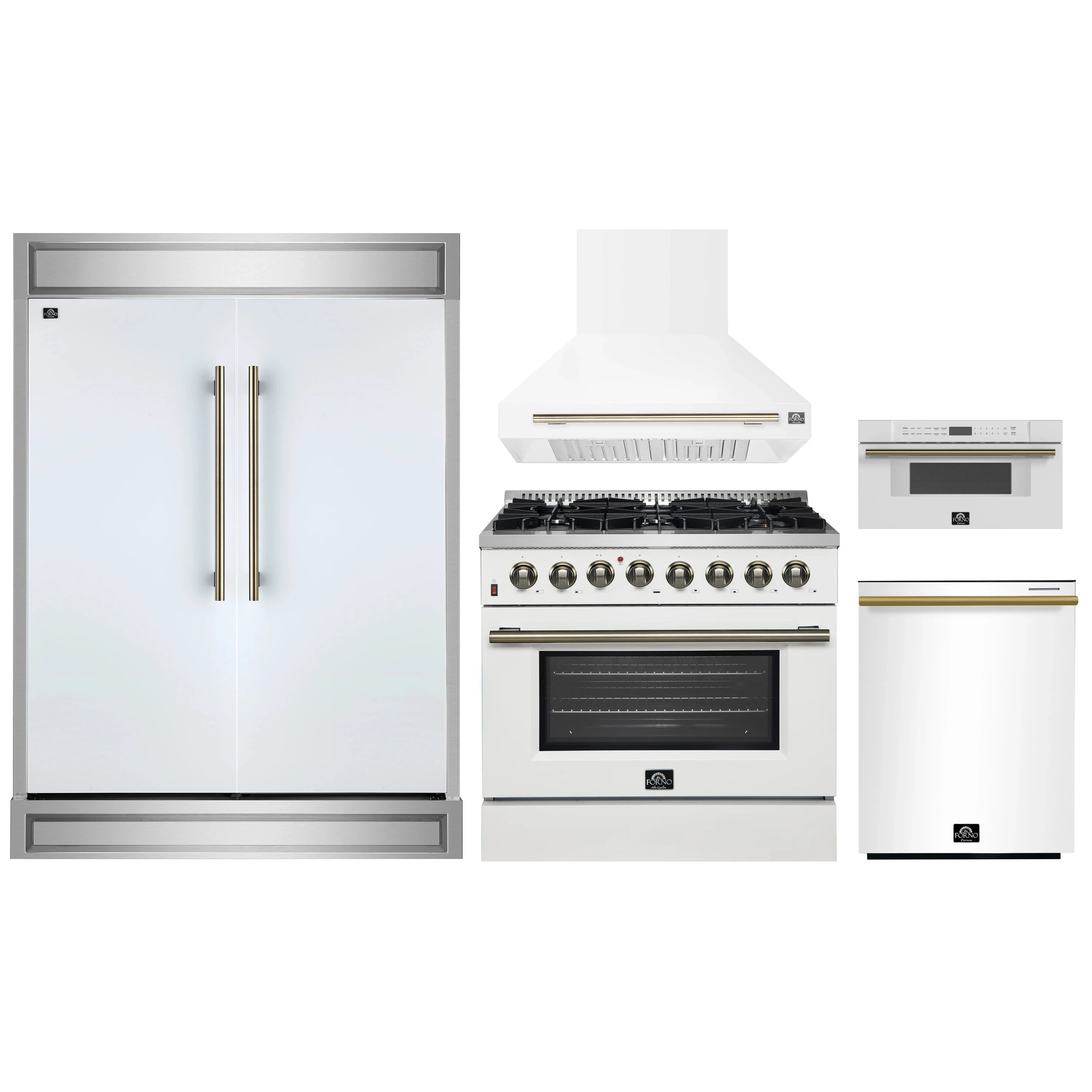 White appliance set: gas range with hood, fridge, and microwave drawer, brass handles