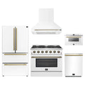 Forno 5-Piece Appliance Package - 36-Inch Gas Range, Wall Mount Range Hood, 36-Inch Refrigerator, Dishwasher, and 24-Inch Microwave Drawer in White with Antique Brass Trim