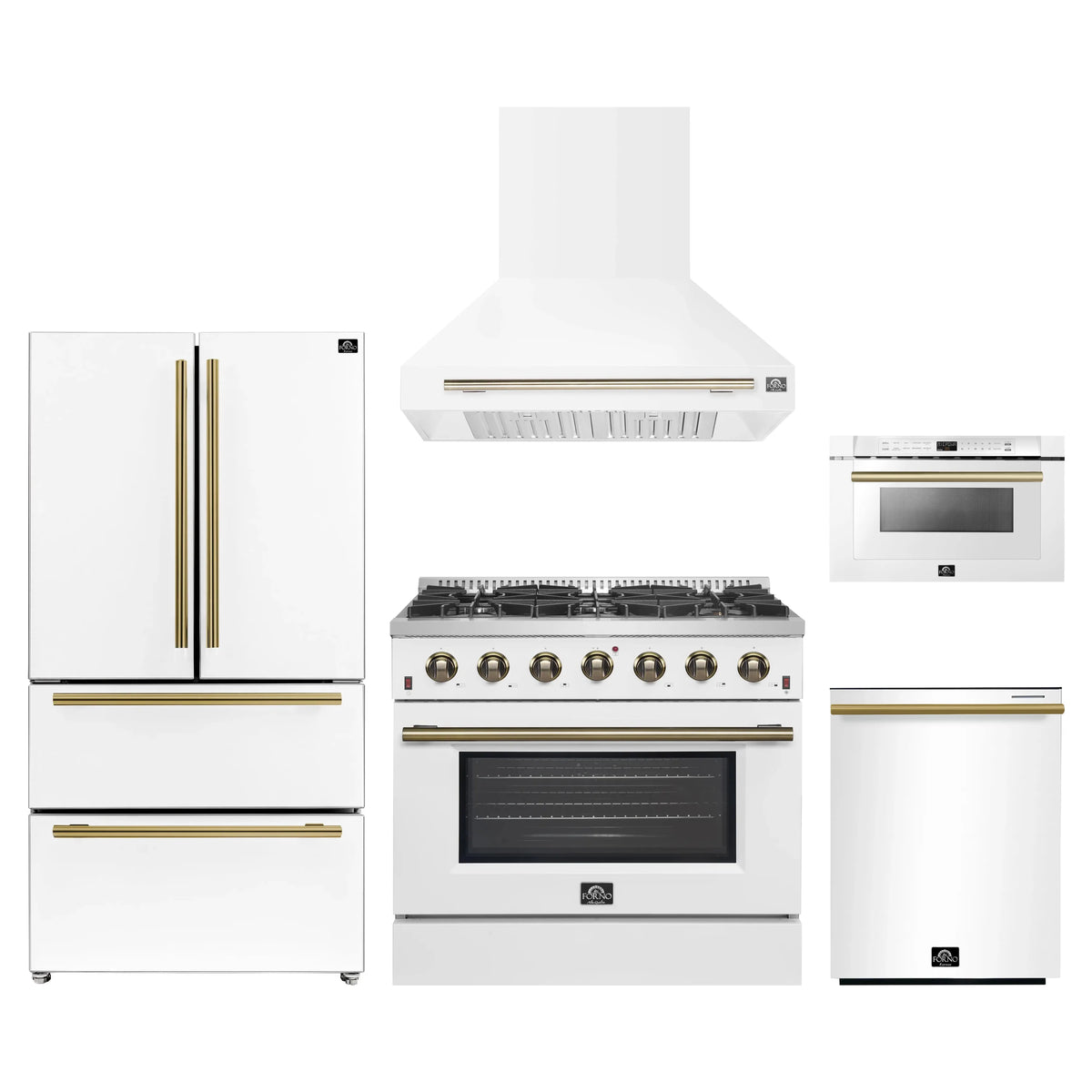 Forno 5-Piece Appliance Package - 36-Inch Gas Range, Wall Mount Range Hood, 36-Inch Refrigerator, Dishwasher, and 24-Inch Microwave Drawer in White with Antique Brass Trim