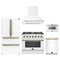 Forno 5-Piece Appliance Package - 36-Inch Gas Range, Wall Mount Range Hood, 36-Inch Refrigerator, Dishwasher, and 24-Inch Microwave Drawer in White with Antique Brass Trim