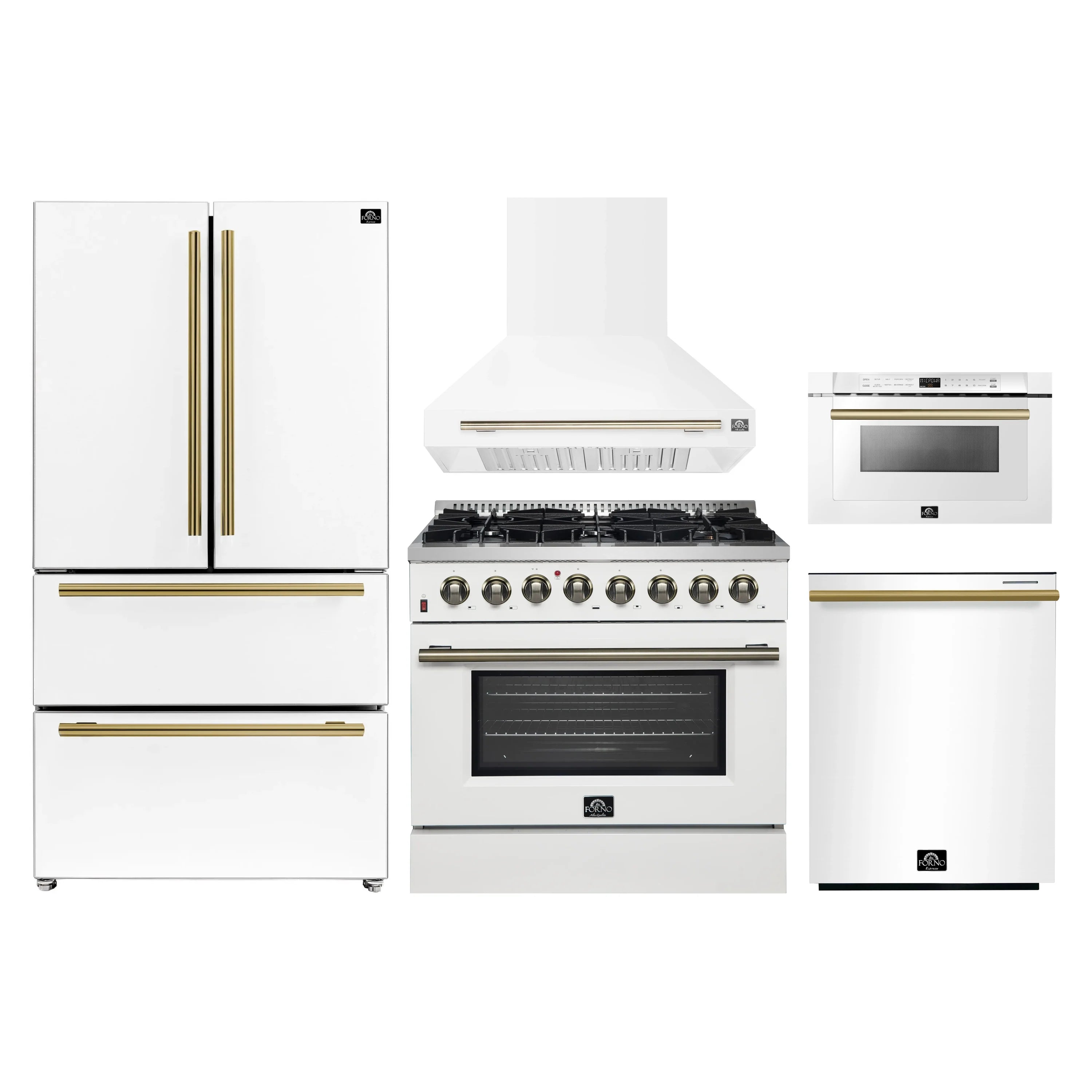 White kitchen appliance set with gas range, range hood, refrigerator, and microwave