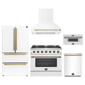 Forno 5-Piece Appliance Package - 36-Inch Gas Range, Wall Mount Range Hood, 36-Inch Refrigerator, Dishwasher, and 30-Inch Microwave Drawer in White with Antique Brass Trim