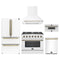 Forno 5-Piece Appliance Package - 36-Inch Gas Range, Wall Mount Range Hood, 36-Inch Refrigerator, Dishwasher, and 30-Inch Microwave Drawer in White with Antique Brass Trim