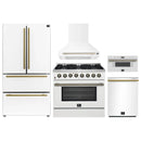 Forno 5-Piece Appliance Package - 36-Inch Gas Range, Wall Mount Range Hood, 36-Inch Refrigerator, Dishwasher, and 30-Inch Microwave Drawer in White with Antique Brass Handle