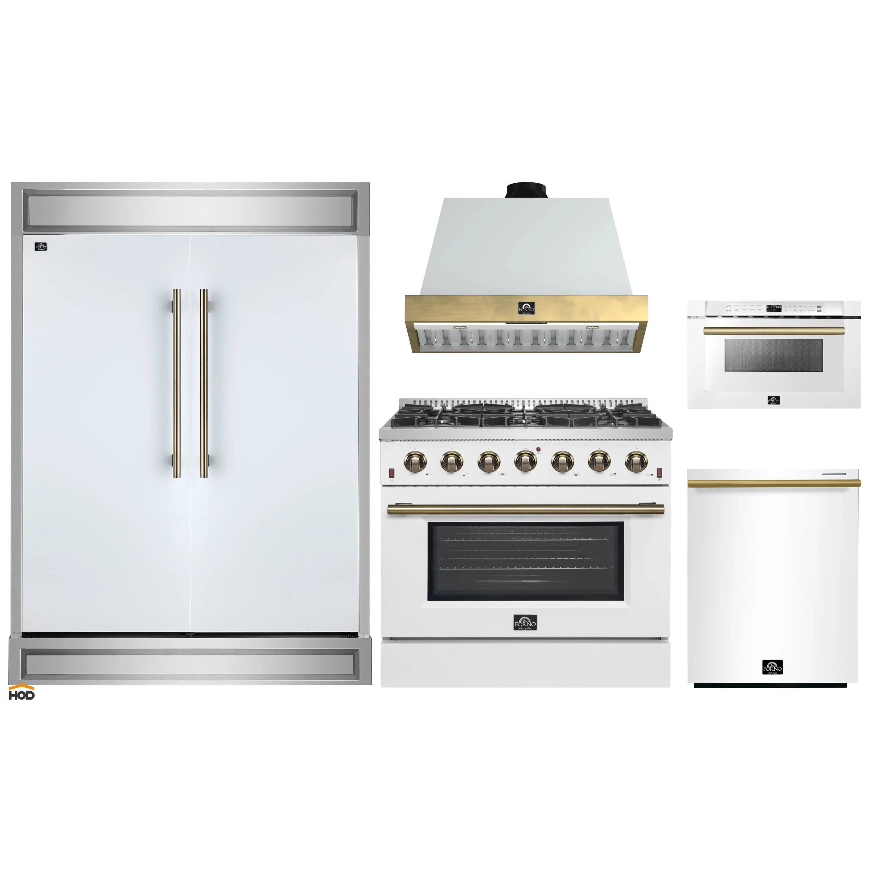 White appliance package showing refrigerator, gas range, and wall hood
