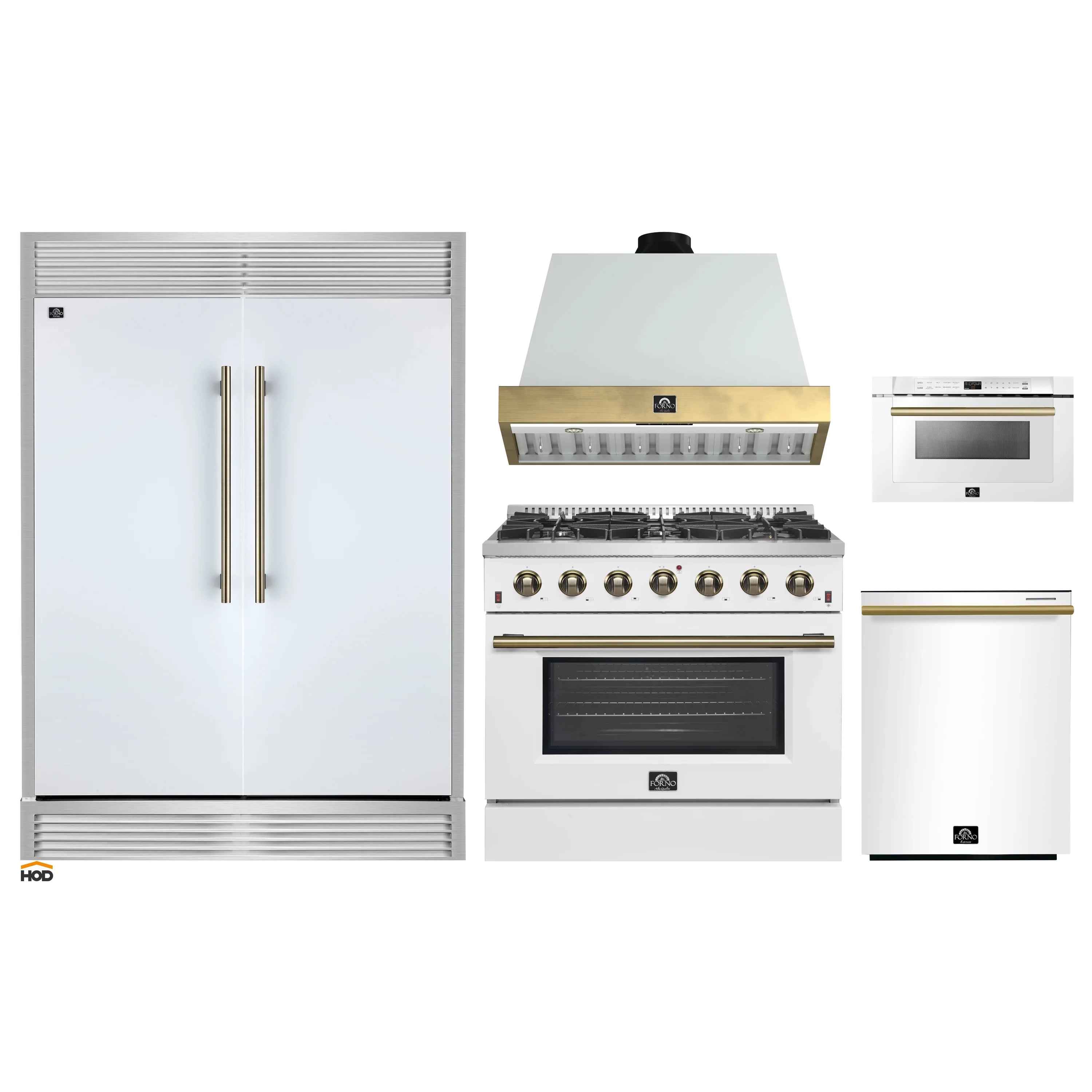 White appliance package showing refrigerator, gas range with hood, microwave drawer, dishwasher