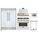 Forno 5-Piece Appliance Package - 36-Inch Galiano Gas Range, Wall Mount Range Hood, 60-Inch Refrigerator, Dishwasher, & 24-Inch Microwave Drawer in White with Antique Brass Handle