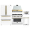 Forno Galiano 5-Piece Appliance Package - 36-Inch Gas Range, 36-Inch Hood, 36-Inch Refrigerator, 24-Inch Dishwasher, & 24-Inch Microwave Drawer in White with Antique Brass Trim