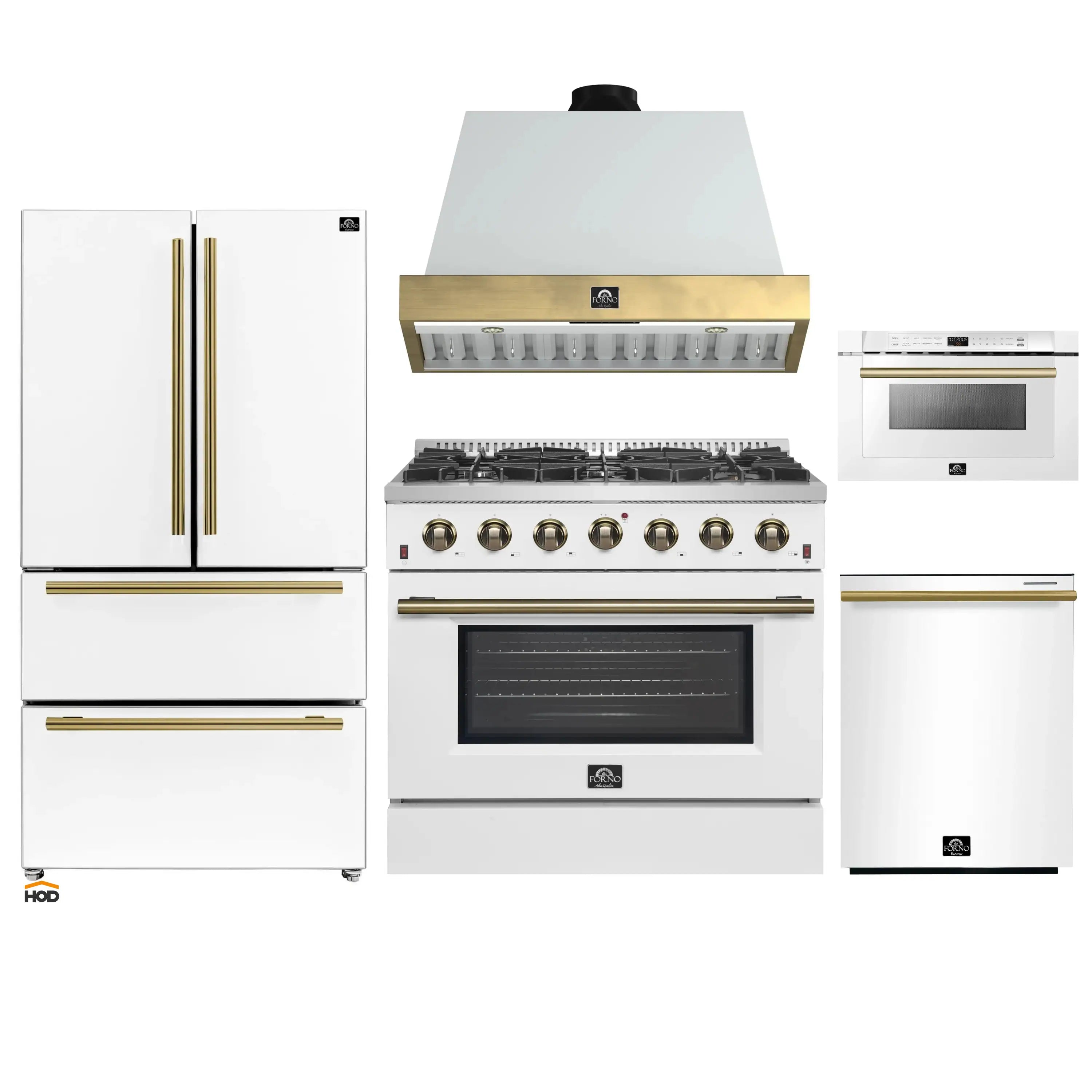 White 5-piece appliance package with antique brass accents, including gas range