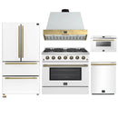 Forno Galiano 5-Piece Appliance Package - 36-Inch Gas Range, 36-Inch Hood, 36-Inch Refrigerator, 24-Inch Dishwasher, & 24-Inch Microwave Drawer in White with Antique Brass Trim