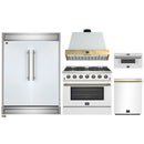 Forno 5-Piece Appliance Package - 36-Inch Gas Range, Wall Mount Range Hood, 60-Inch Refrigerator, Dishwasher, & 30-Inch Microwave Drawer in White with Antique Brass Handle
