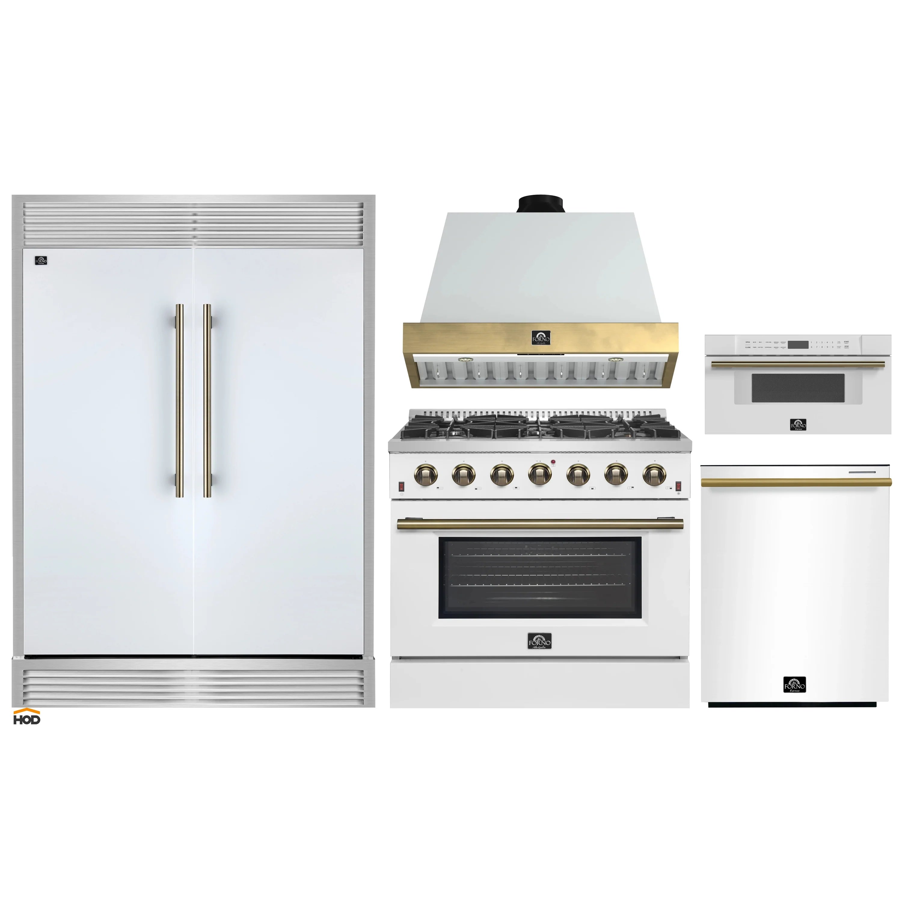 White kitchen appliance set featuring refrigerator, gas range with hood, and microwave
