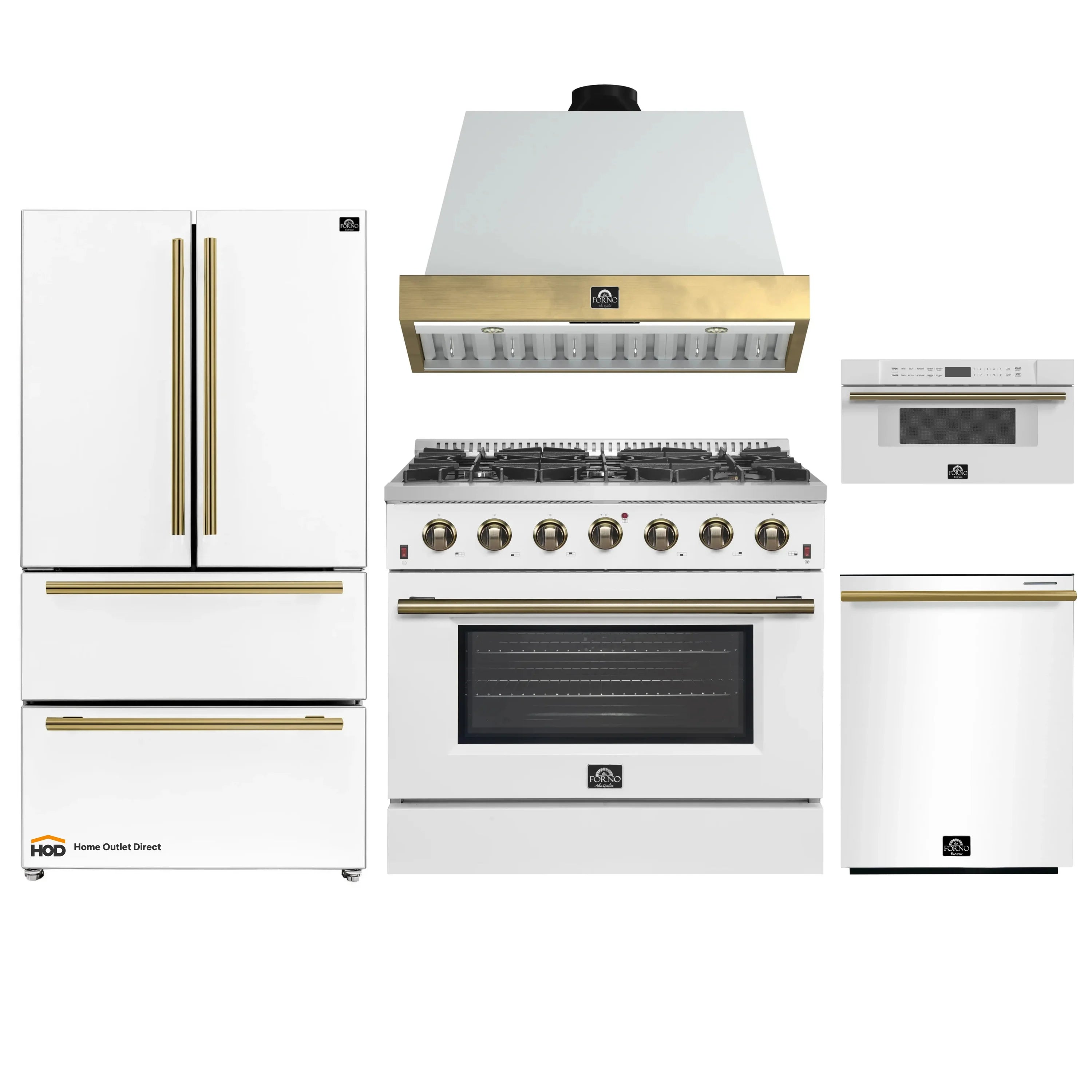 White kitchen appliance set with refrigerator, gas range, hood, and dishwasher, antique brass accents