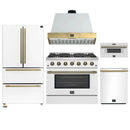 Forno Galiano 5-Piece Appliance Package - 36-Inch Gas Range, 36-Inch Hood, 36-Inch Refrigerator, 24-Inch Dishwasher, & 30-Inch Microwave Drawer in White with Antique Brass Trim