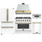 Forno Galiano 5-Piece Appliance Package - 36-Inch Gas Range, 36-Inch Hood, 36-Inch Refrigerator, 24-Inch Dishwasher, & 30-Inch Microwave Drawer in White with Antique Brass Trim