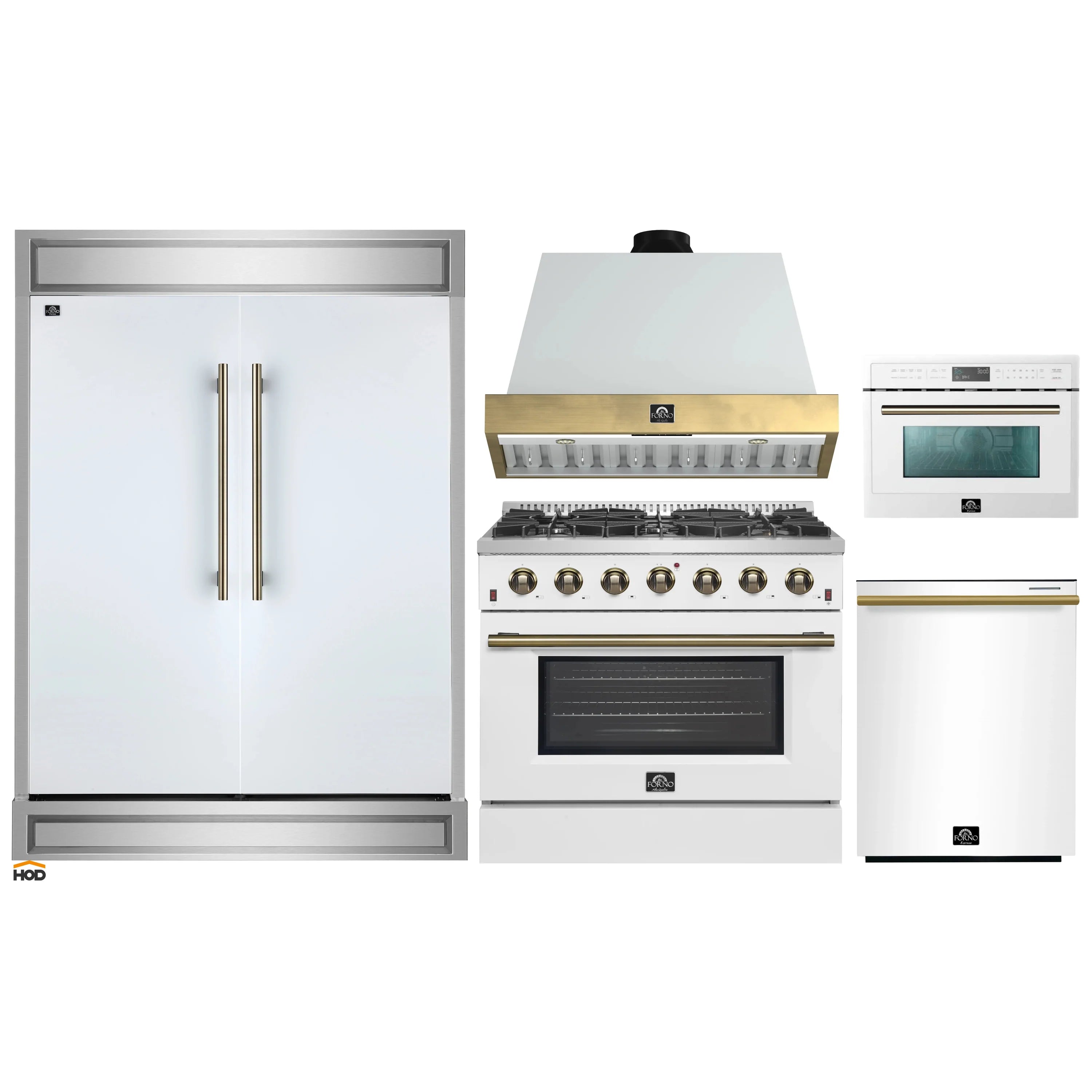 White appliance set: refrigerator, range, oven, microwave, and hood