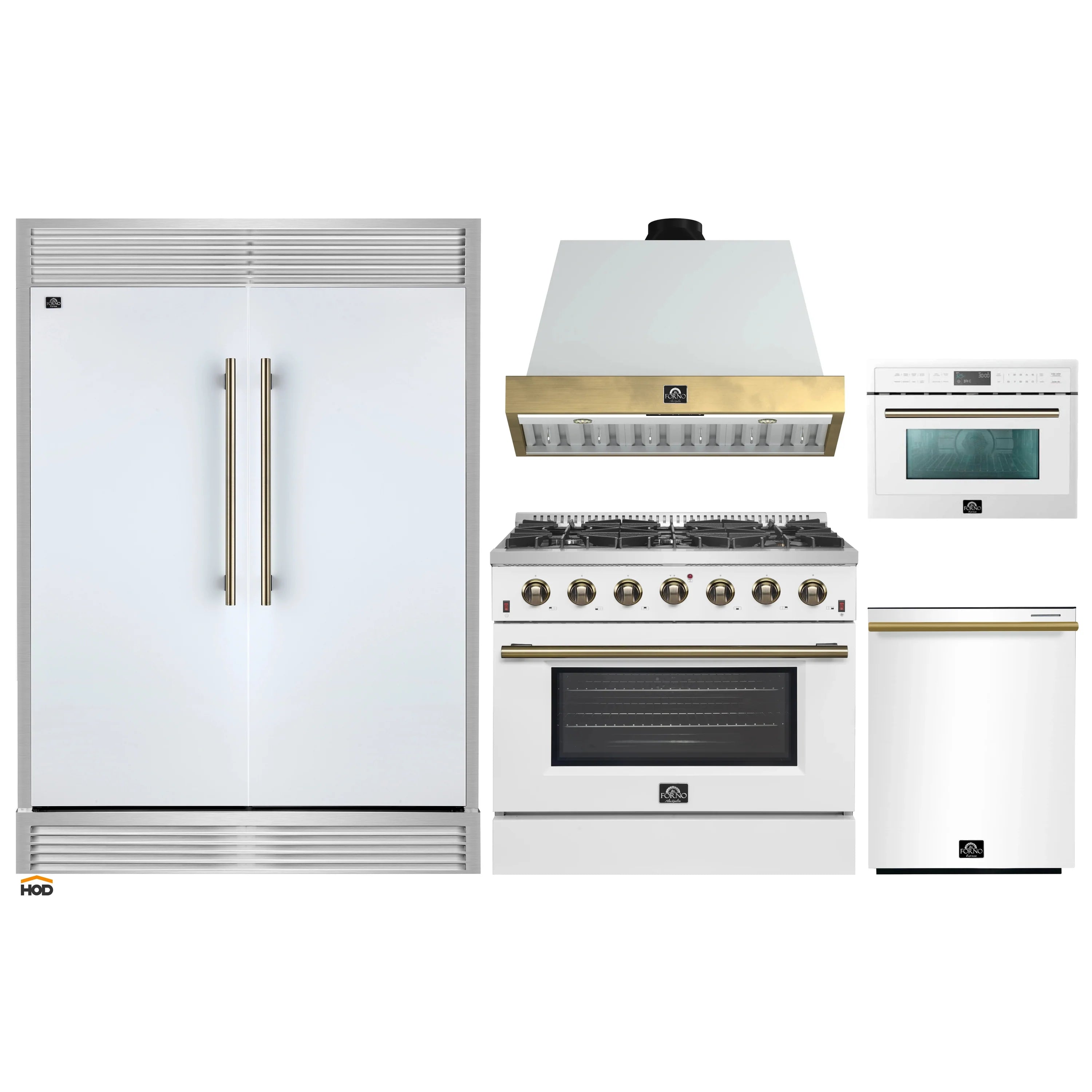 White kitchen appliance set with refrigerator, gas range, hood, microwave, and dishwasher