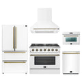 Forno Galiano 5-Piece Appliance Package - 36-Inch Gas Range, 36-Inch Hood, 36-Inch Refrigerator, 24-Inch Dishwasher, & 24-Inch Microwave Oven in White with Antique Brass Trim