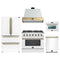 Forno Galiano 5-Piece Appliance Package - 36-Inch Gas Range, 36-Inch Hood, 36-Inch Refrigerator, 24-Inch Dishwasher, & 24-Inch Microwave Oven in White with Antique Brass Trim