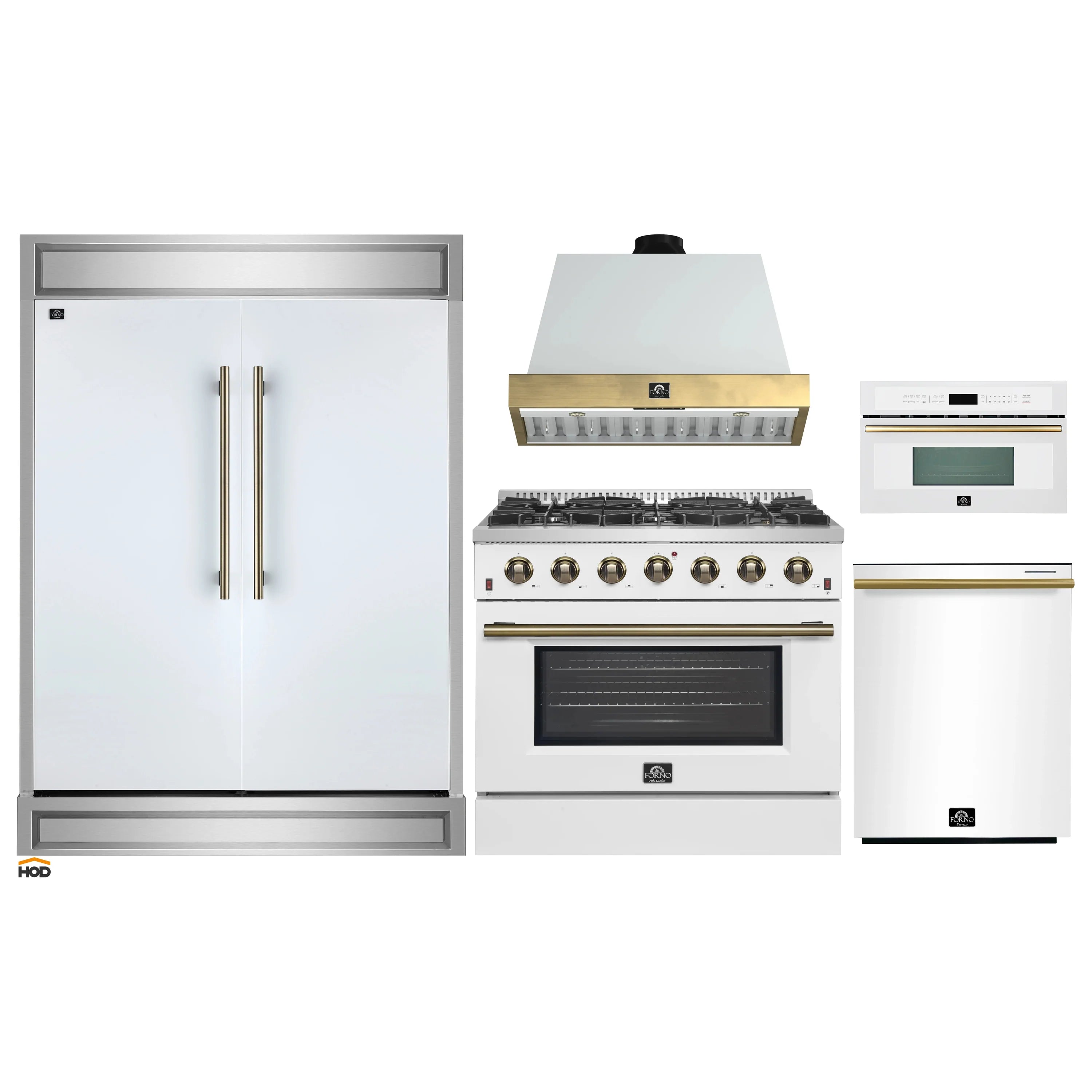 5-piece white kitchen appliance package with antique brass handles