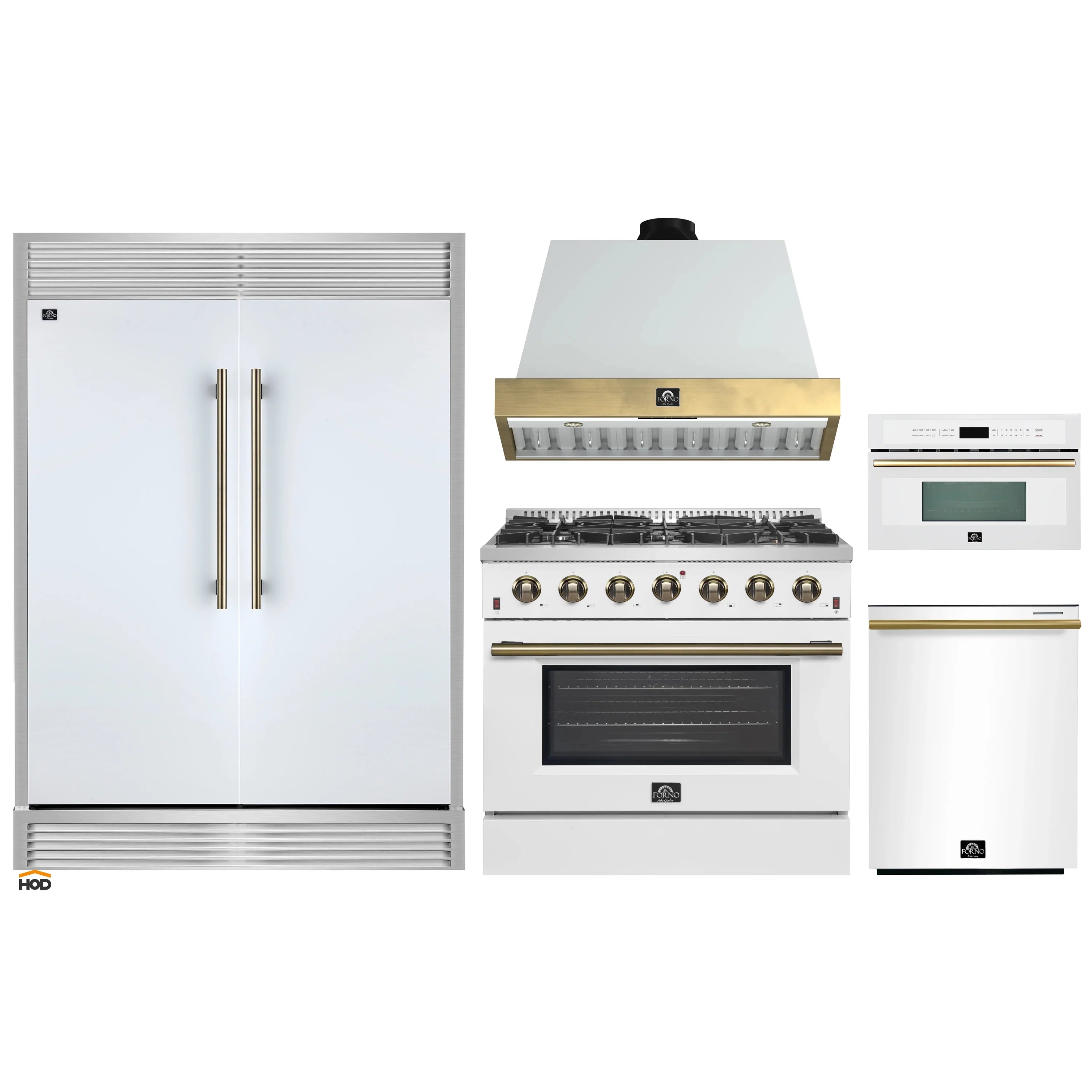 White appliance package with refrigerator, gas range, hood, and microwave/dishwasher