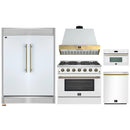 Forno 5-Piece Appliance Package - 36-Inch Galiano Gas Range, Wall Mount Range Hood, 60-Inch Refrigerator, Dishwasher, & 30-Inch Microwave Oven in White with Antique Brass Handle