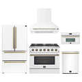 Forno Galiano 5-Piece Appliance Package - 36-Inch Gas Range, 36-Inch Hood, 36-Inch Refrigerator, 24-Inch Dishwasher, & 30-Inch Microwave Oven in White with Antique Brass Trim