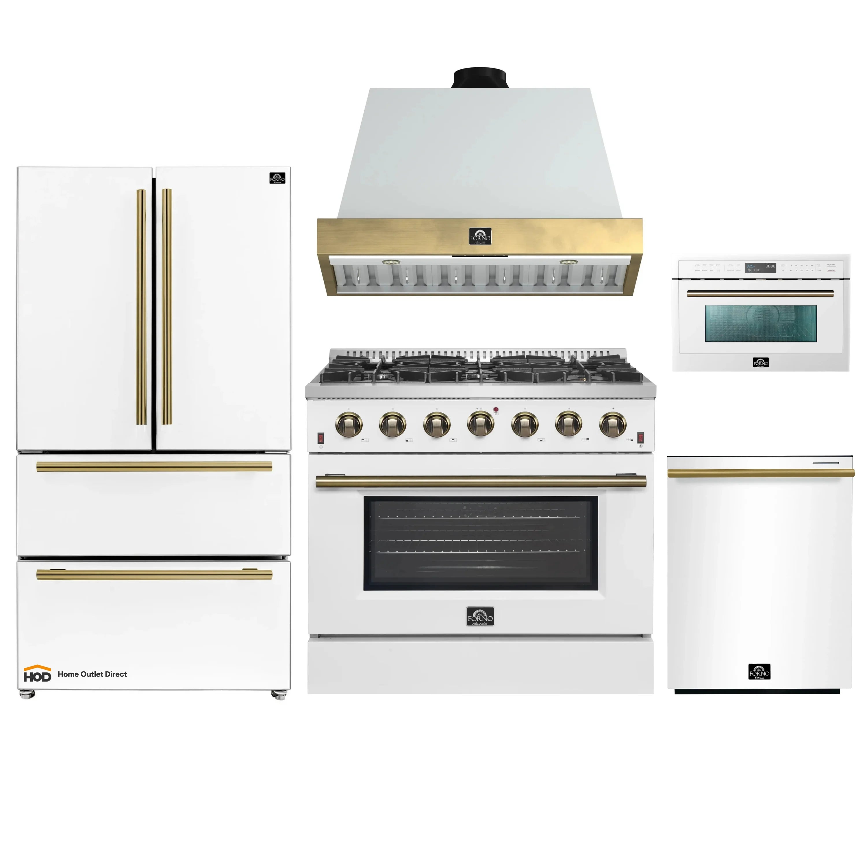White appliance package with antique brass-trimmed range, hood, refrigerator, and microwave