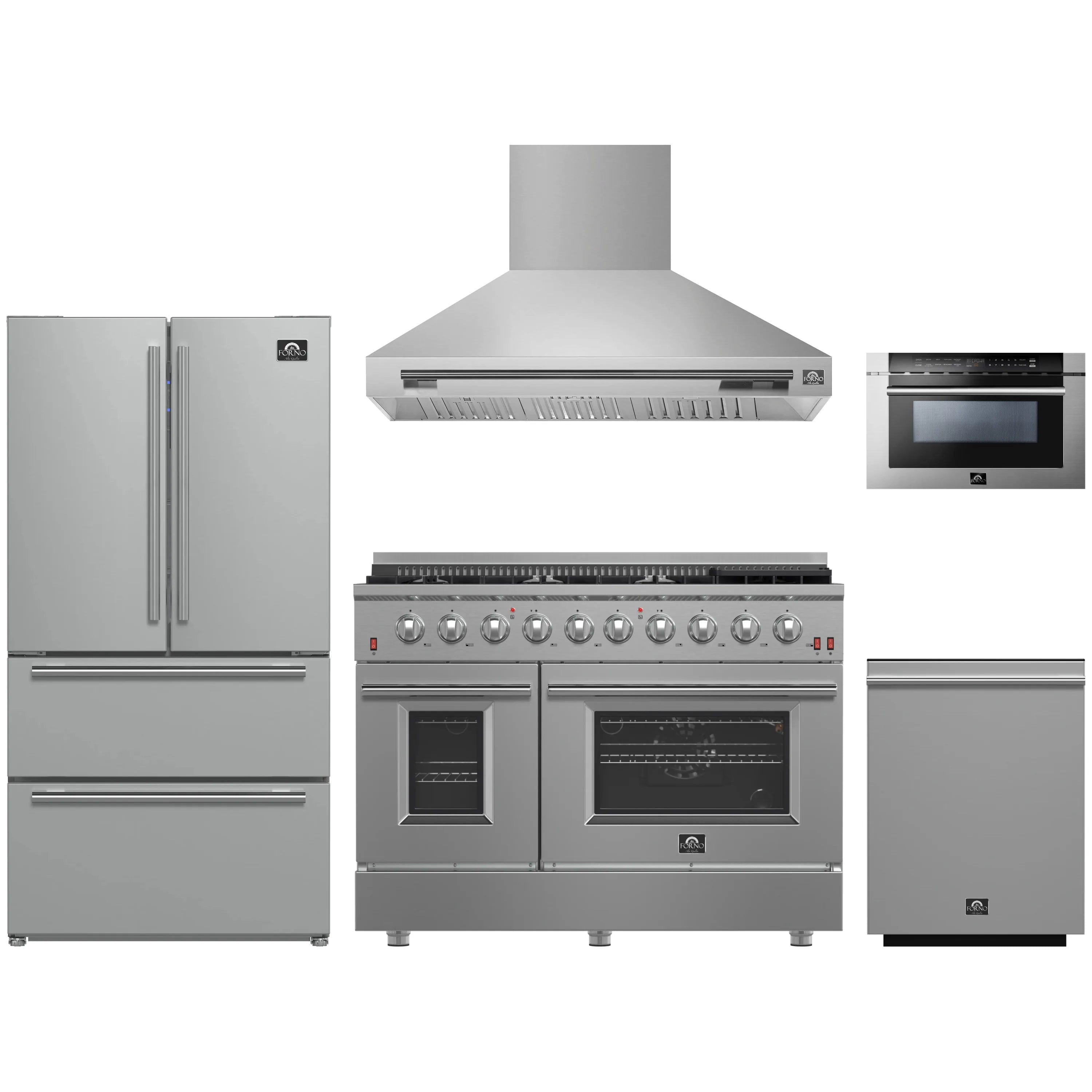 Stainless steel appliance package with gas range, hood, refrigerator, microwave, and dishwasher