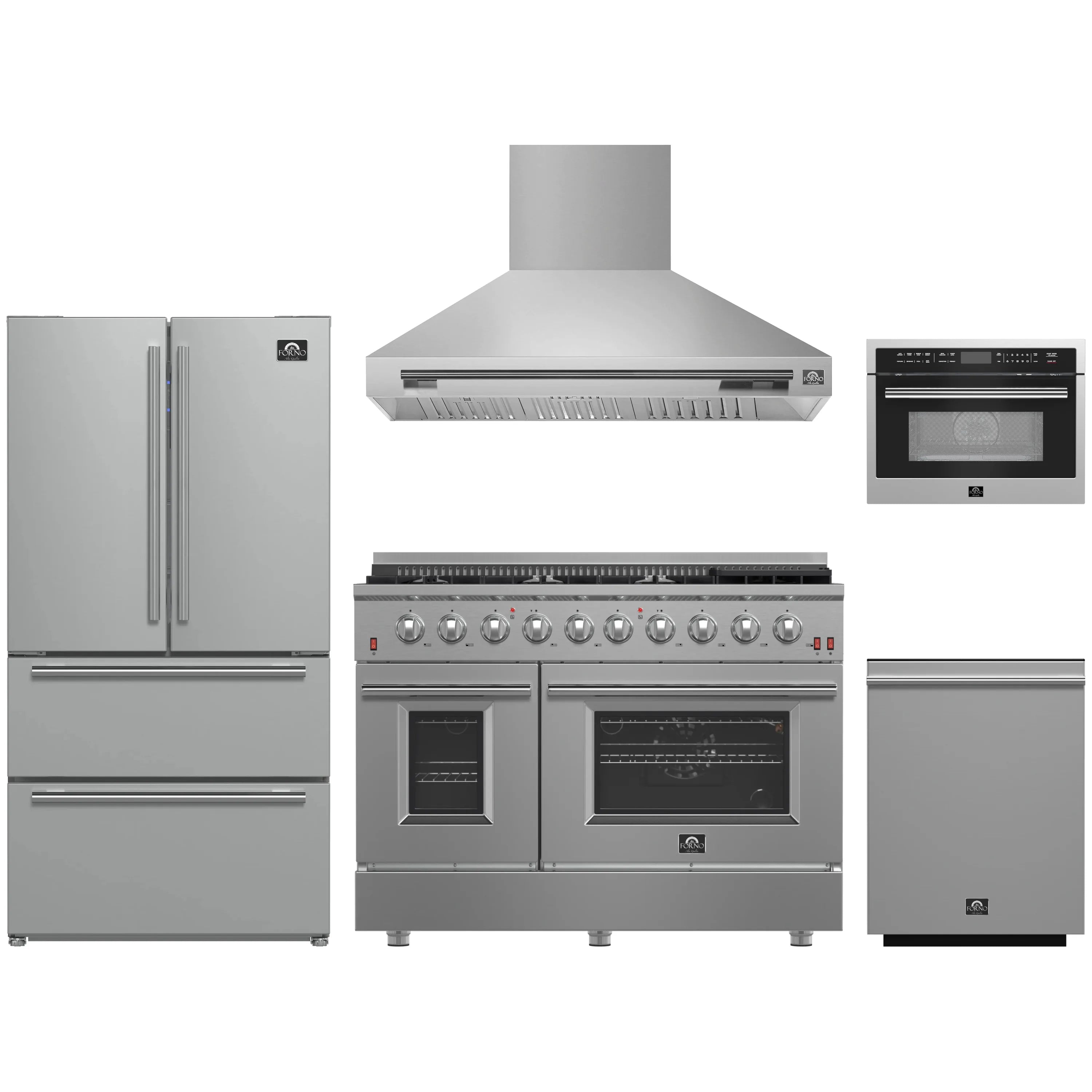 Stainless steel appliance package: gas range, hood, microwave, dishwasher, and refrigerator