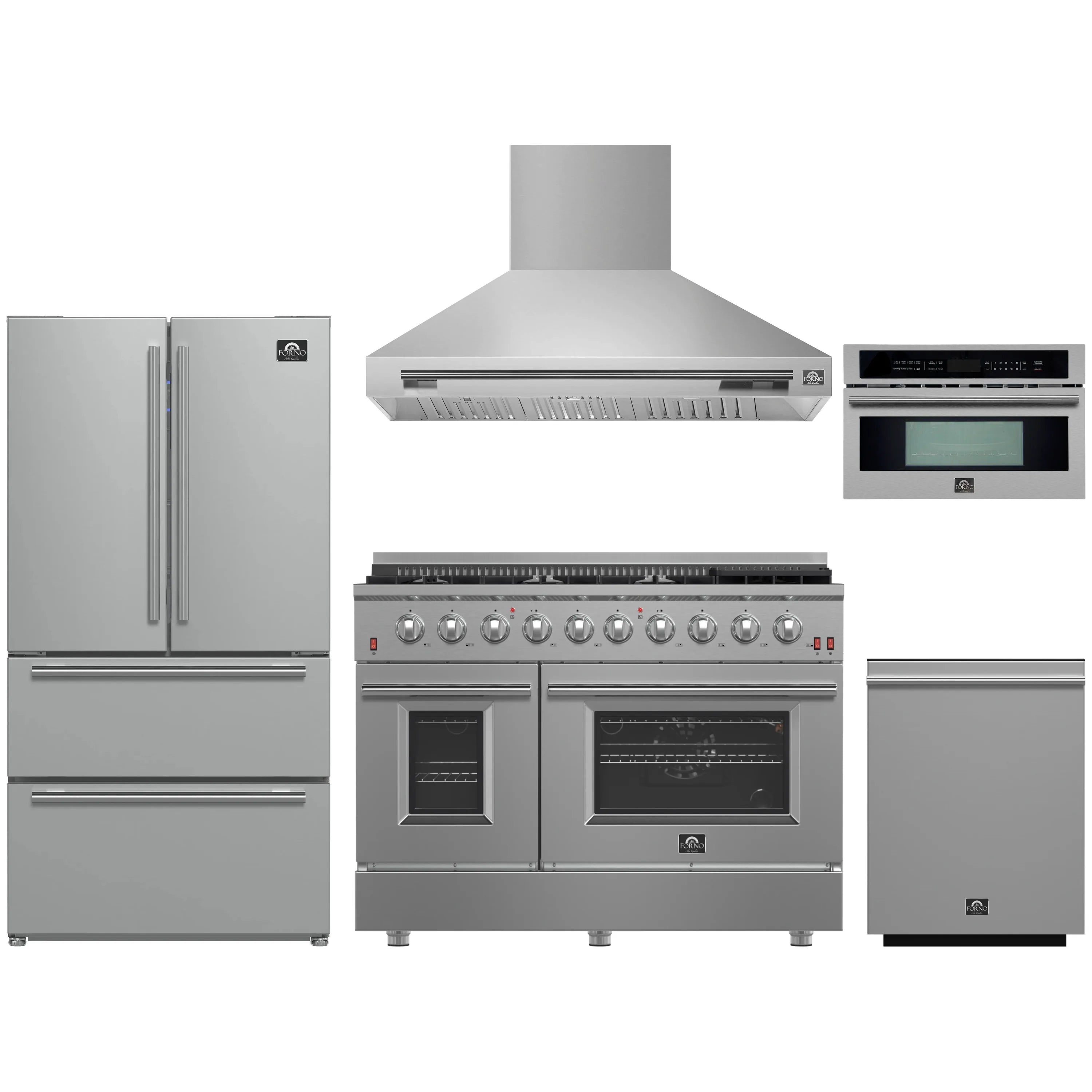 Stainless steel 5-piece kitchen appliance set: gas range, hood, fridge, dishwasher, microwave