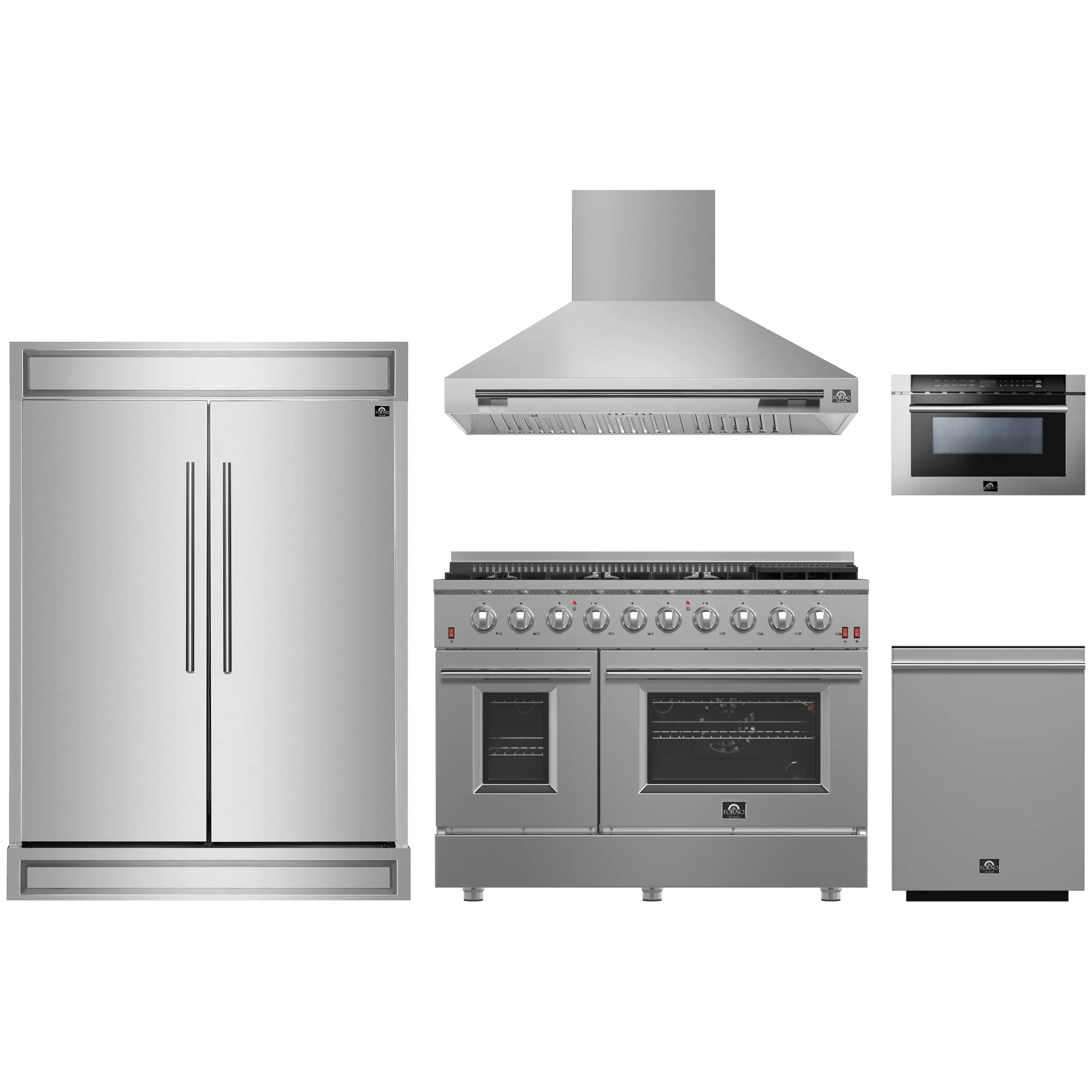 Stainless steel 5-piece kitchen appliance package: refrigerator, gas range, range hood, microwave, dishwasher