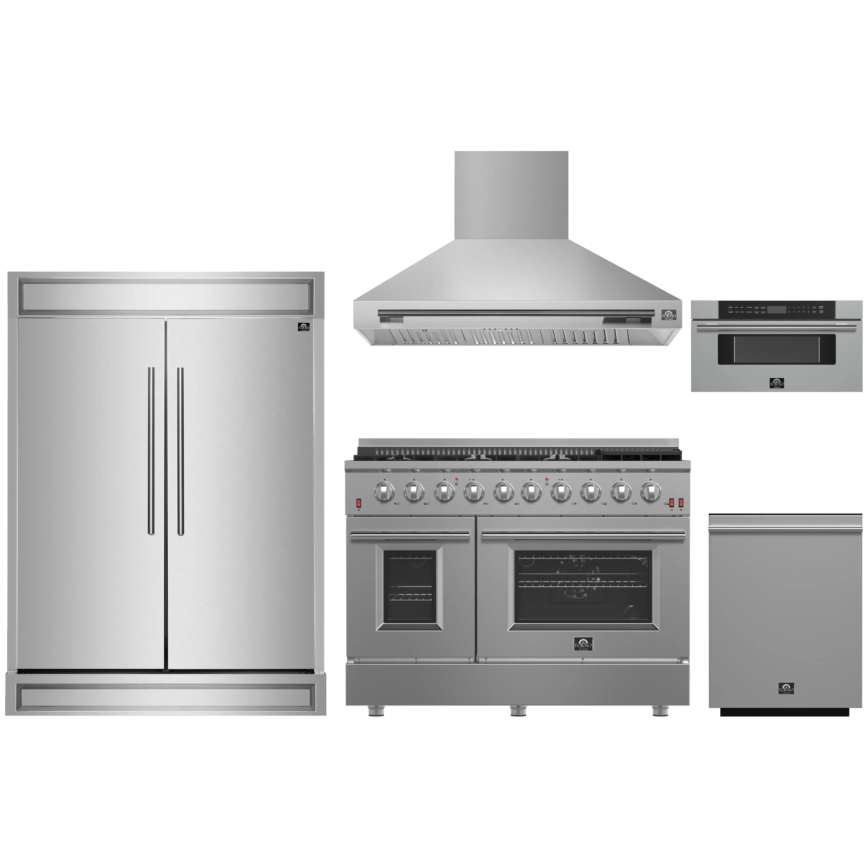 Stainless steel appliance package with refrigerator, gas range, range hood, and microwave
