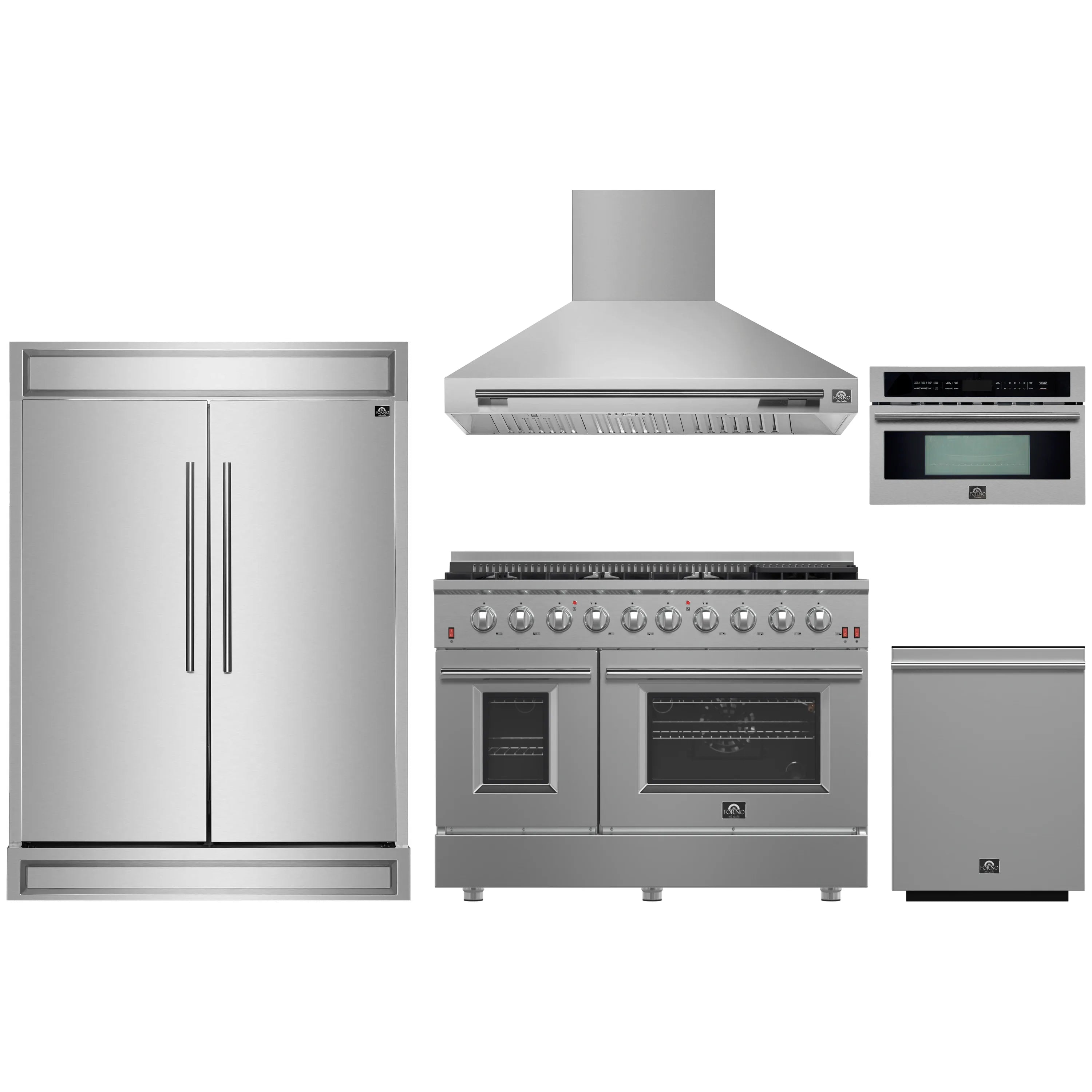Stainless steel kitchen appliance set with refrigerator, gas range, hood, and built-in microwave