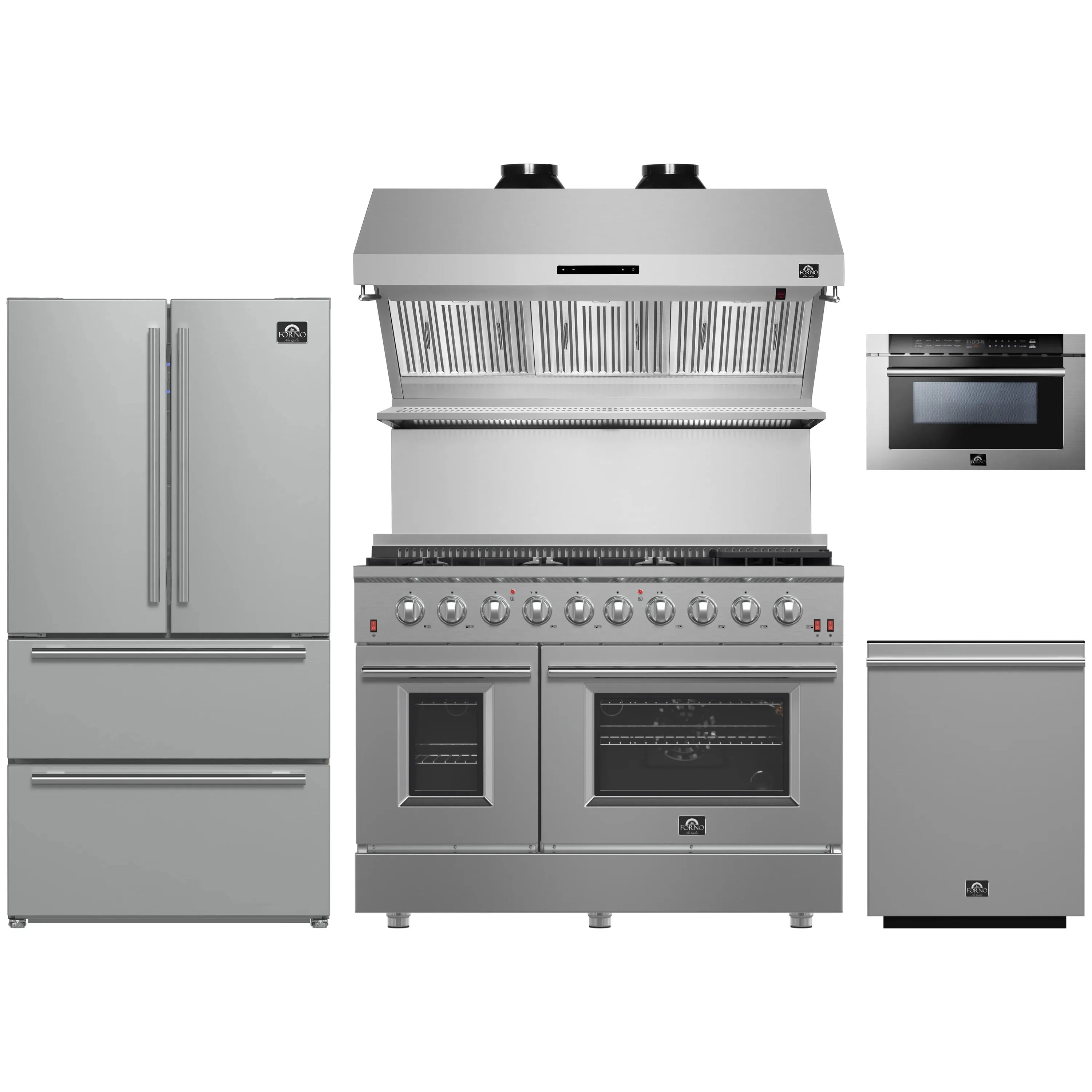 Forno stainless 5-piece kitchen appliance set with refrigerator, gas range, microwave, dishwasher