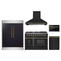 Forno 5-Piece Appliance Package - 48-Inch Gas Range, Wall Mount Range Hood, 60-Inch Refrigerator, Dishwasher, and 24-Inch Microwave Drawer in Black with Antique Brass Trim