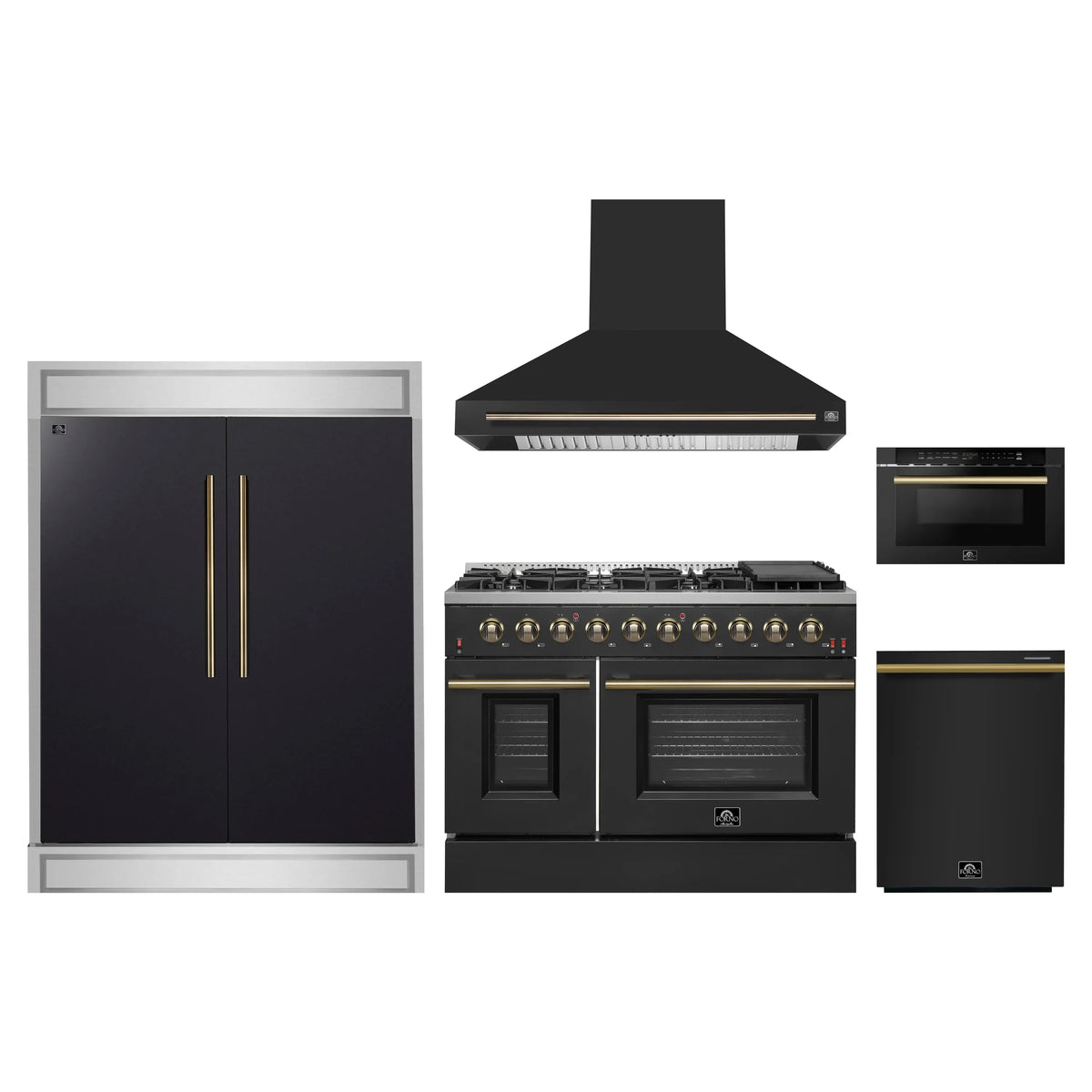 Forno 5-Piece Appliance Package - 48-Inch Gas Range, Wall Mount Range Hood, 60-Inch Refrigerator, Dishwasher, and 24-Inch Microwave Drawer in Black with Antique Brass Trim