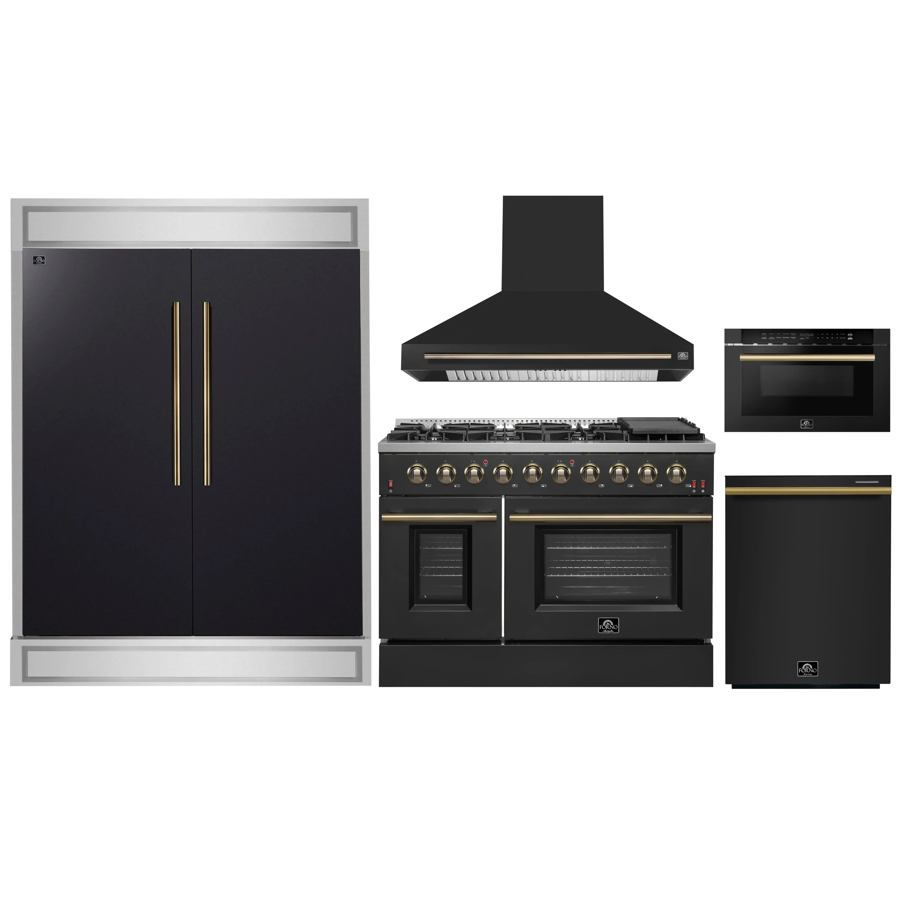 Black 5-piece appliance set with antique brass accents: refrigerator, gas range, hood, microwave