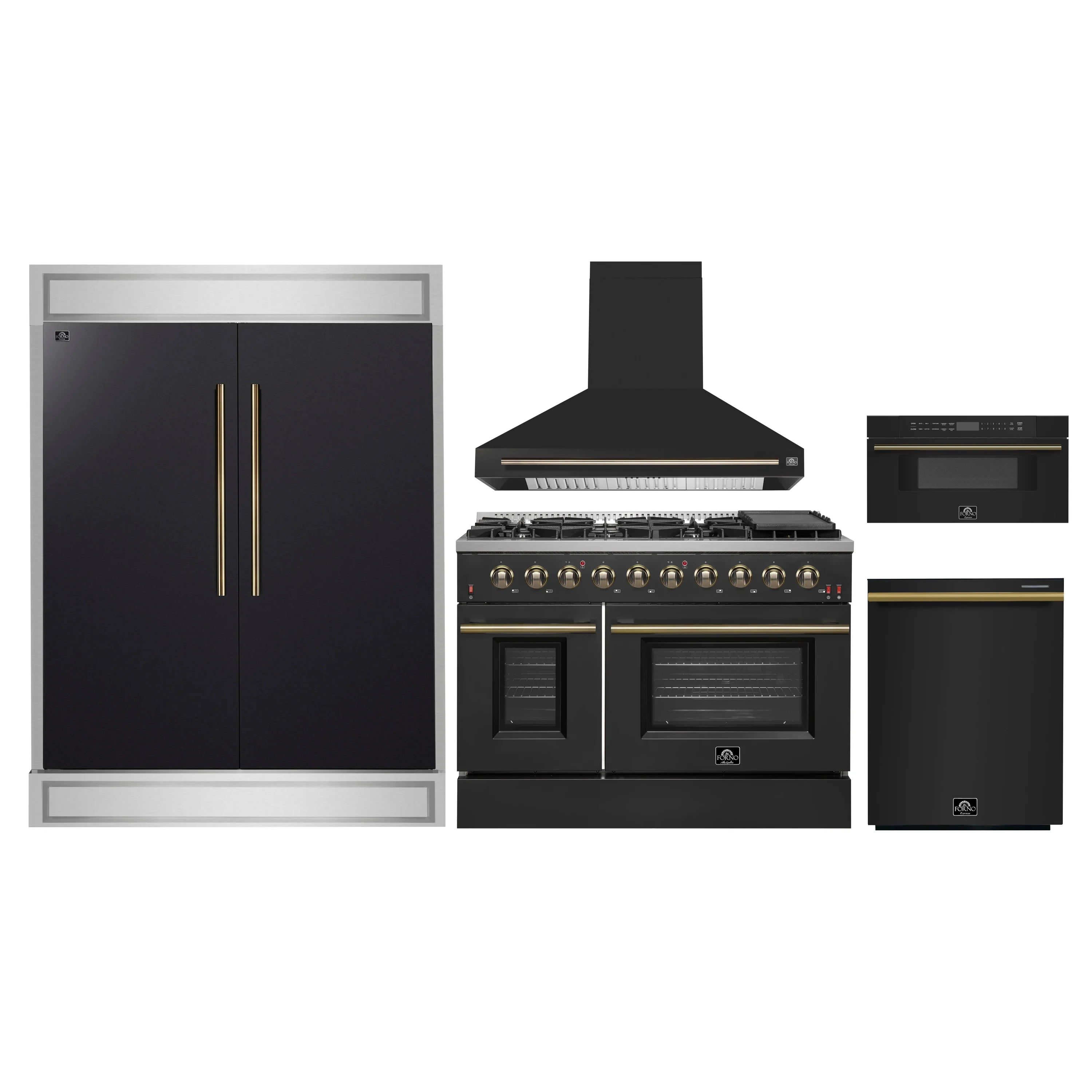 Black kitchen appliance package with gold accents: refrigerator, range, hood, and microwave.
