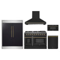 Forno 5-Piece Appliance Package - 48-Inch Gas Range, Wall Mount Range Hood, 60-Inch Refrigerator, Dishwasher, and 30-Inch Microwave Drawer in Black with Antique Brass Trim