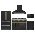 Forno 5-Piece Appliance Package - 48-Inch Gas Range, Wall Mount Range Hood, 36-Inch Refrigerator, Dishwasher, and 24-Inch Microwave Drawer in Black with Antique Brass Trim