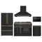 Forno 5-Piece Appliance Package - 48-Inch Gas Range, Wall Mount Range Hood, 36-Inch Refrigerator, Dishwasher, and 24-Inch Microwave Drawer in Black with Antique Brass Trim