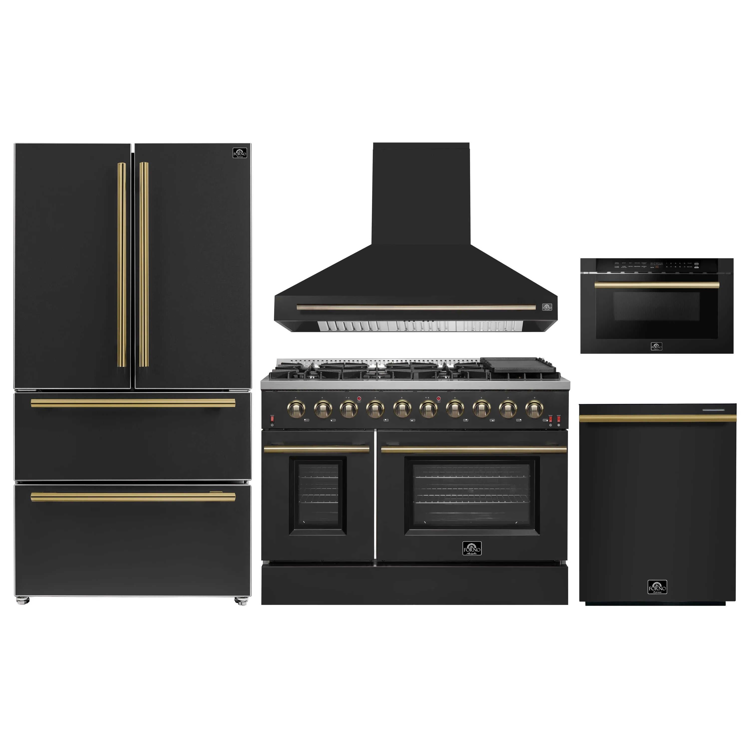 Black appliance package with antique brass accents: range, hood, refrigerator, dishwasher, microwave