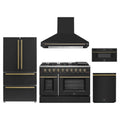 Forno 5-Piece Appliance Package - 48-Inch Gas Range, Wall Mount Range Hood, 36-Inch Refrigerator, Dishwasher, and 30-Inch Microwave Drawer in Black with Antique Brass Trim